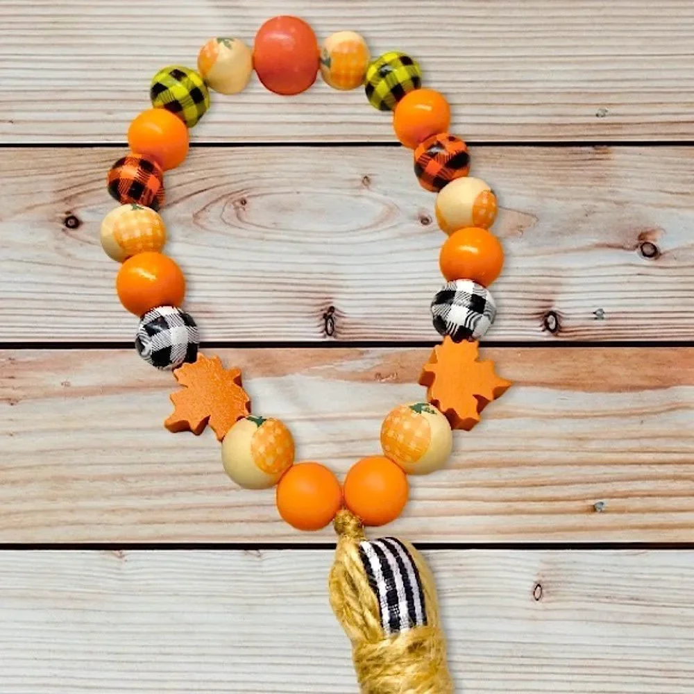 NEW Wood Bead Garland with Plaid Tassels